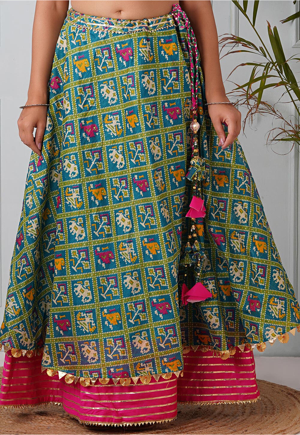 Patola Printed Kota Silk Skirt in Sea Green BNJ1241