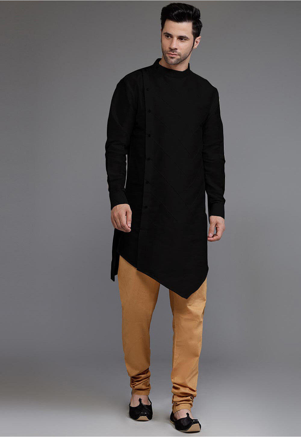 Buy Pintucked Art Silk Asymmetric Kurta Set in Black Online MXX721 Utsav Fashion