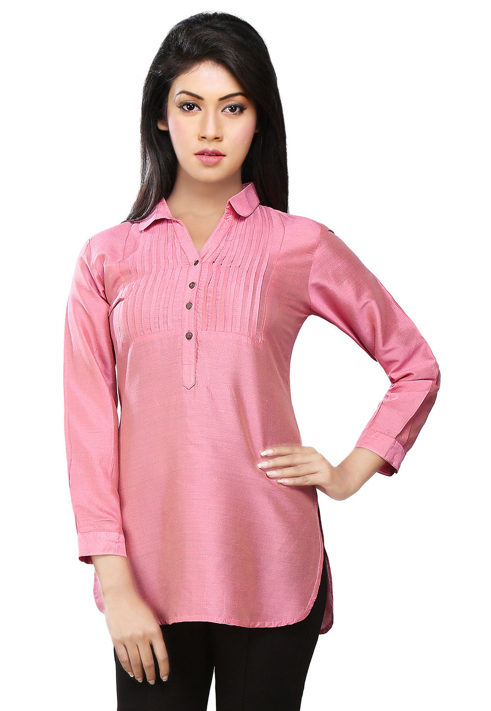 Pintucks Cotton Silk Top in Pink : THU1904