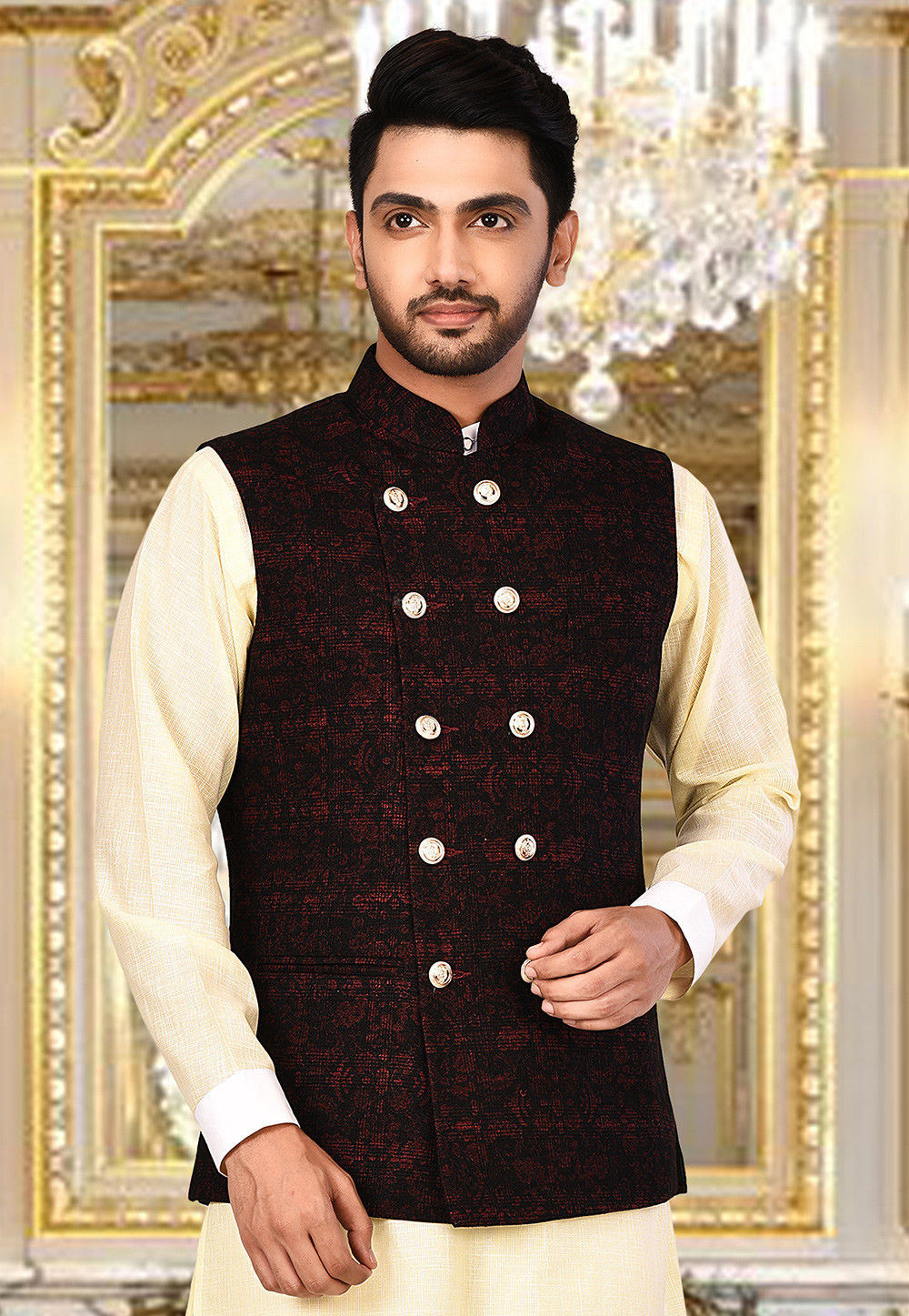 Plain Acrylic Cotton Nehru Jacket in Black and Maroon