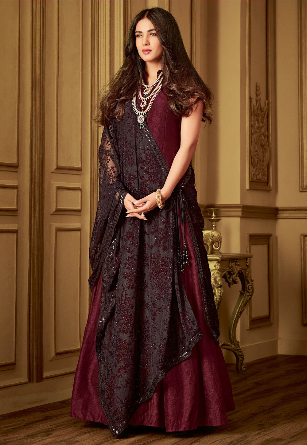Plain Art Silk Abaya Style Suit in Maroon Red Salwar Kameez