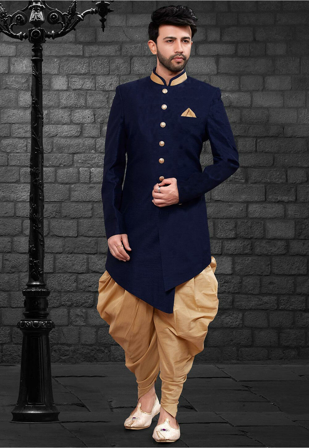 Plain terry rayon dhoti sherwani in navy blue sales