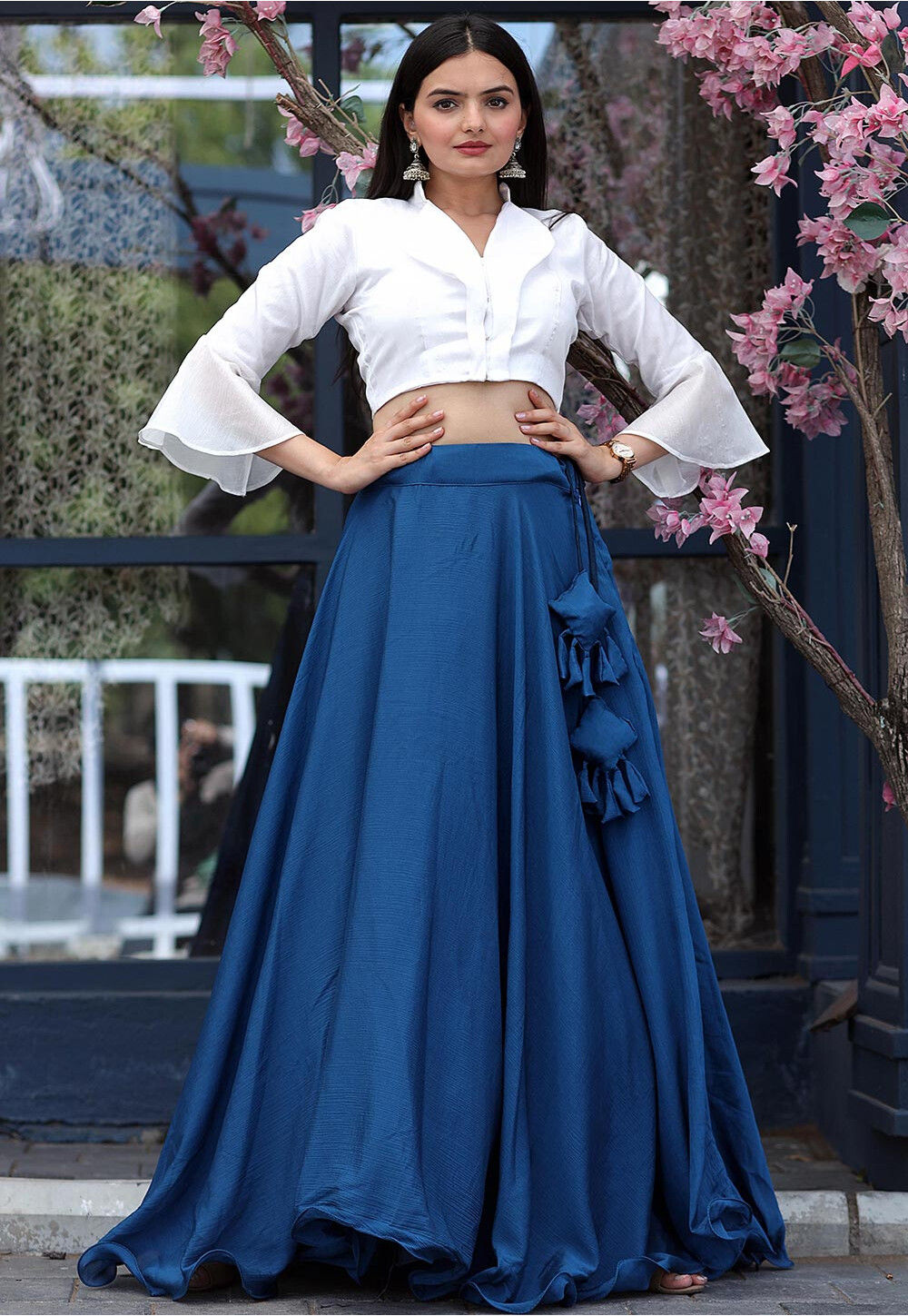 Plain Art Silk Crop Top Set in Off White TWJ4820