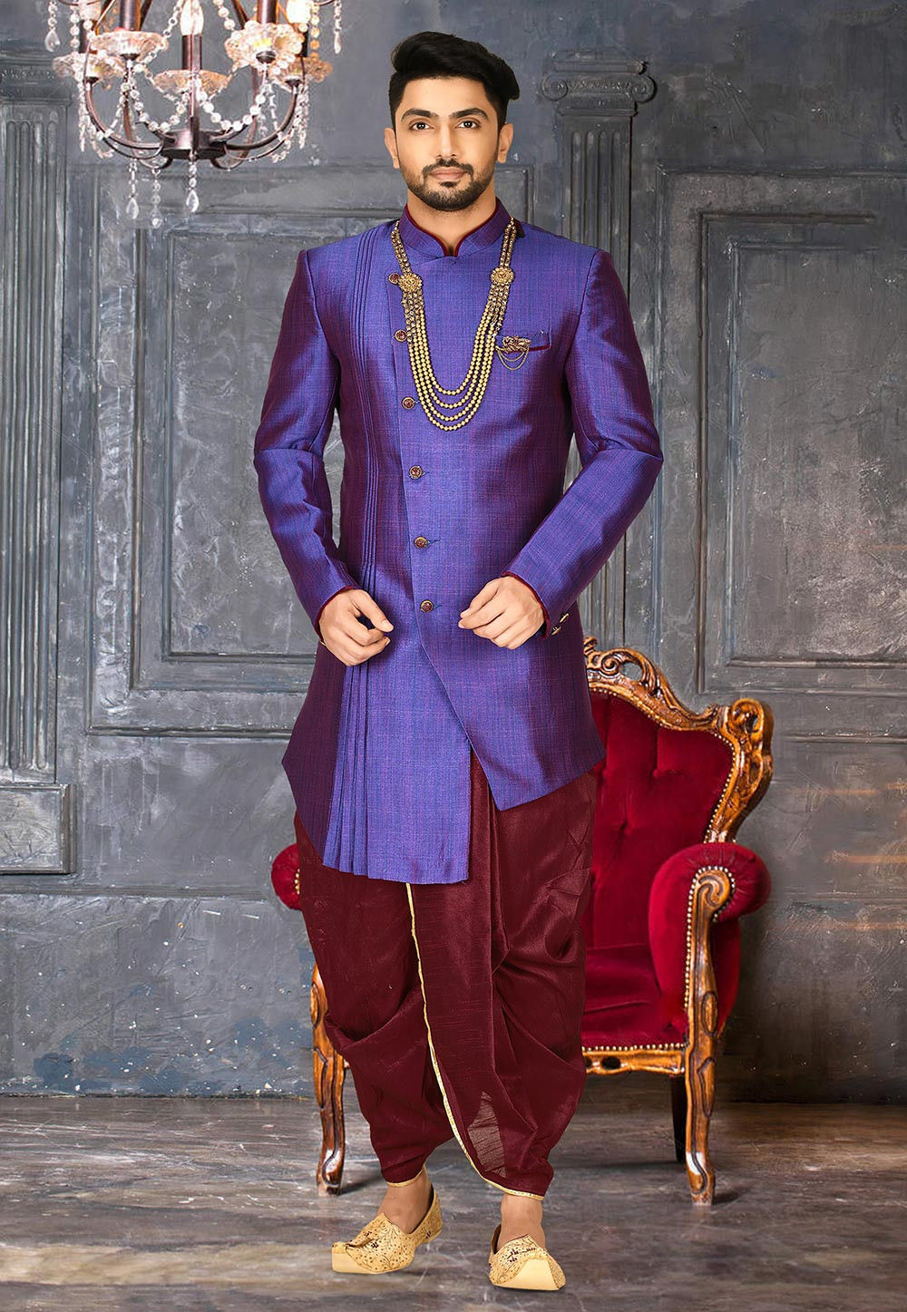 Buy Men GoldToned Printed Sherwani With Maroon Solid Dhoti Pants online   Looksgudin