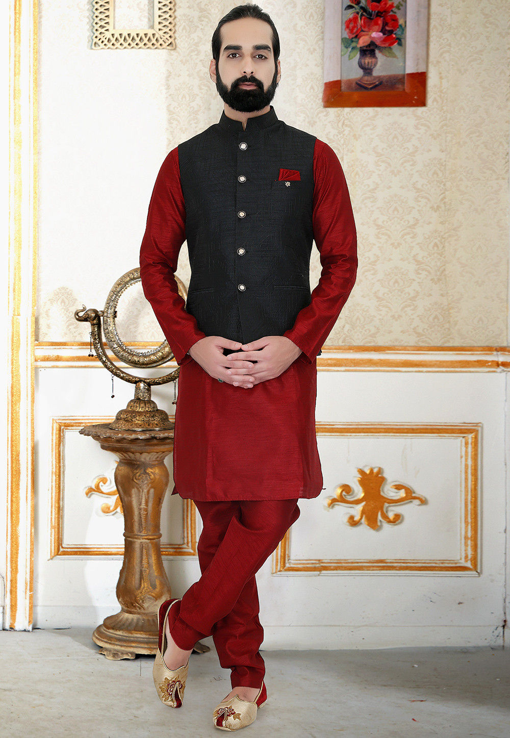 Mag Mens Black Matching Silk Kurta Churidhar With Red Joot Waistcoat