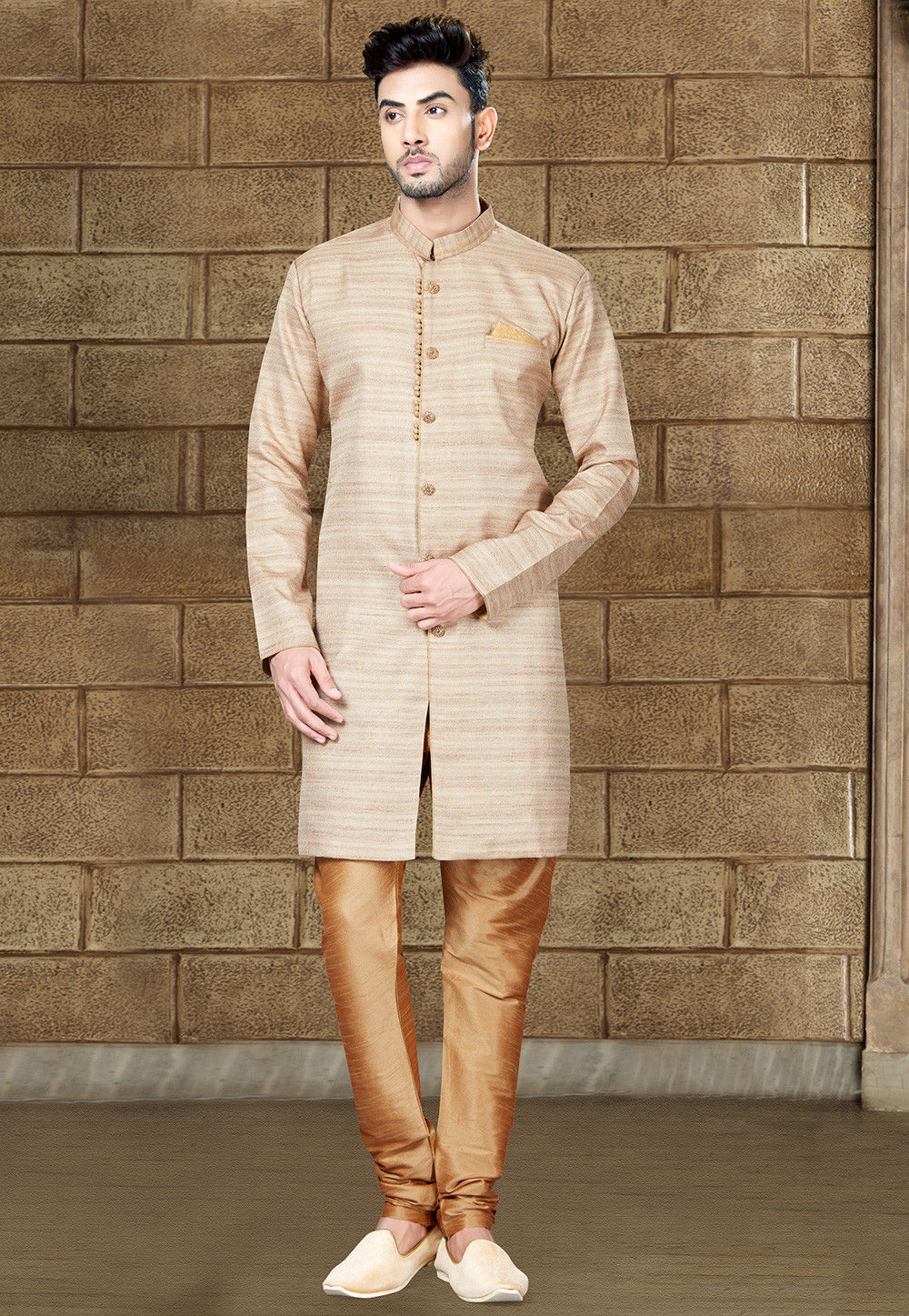 Buy Plain Art Silk Sherwani in Light Beige Online : MUX497 - Utsav Fashion