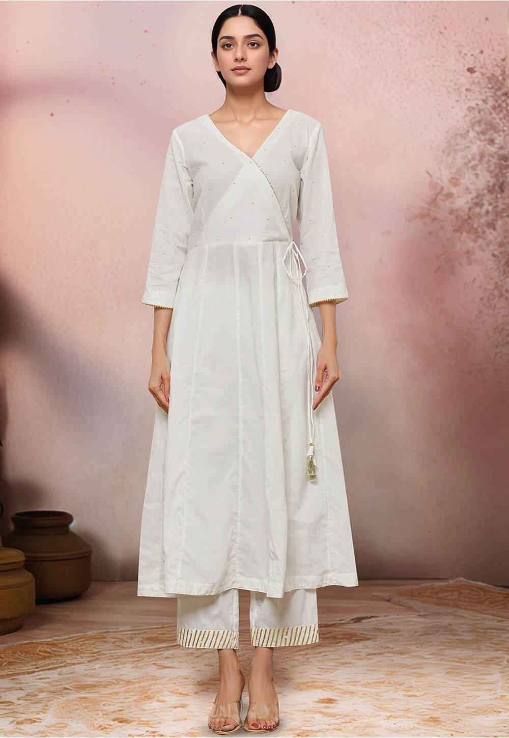 Red Cotton Angrakha Style Kurta main image 1