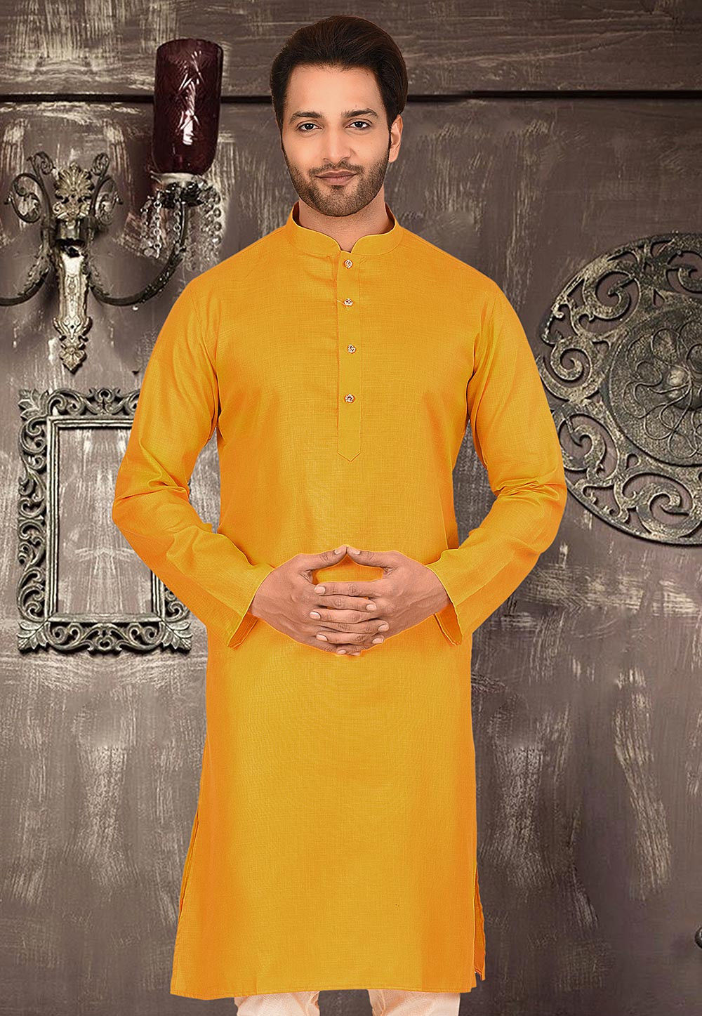 Buy Plain Cotton Kurta in Mustard Online MLC540 Utsav Fashion