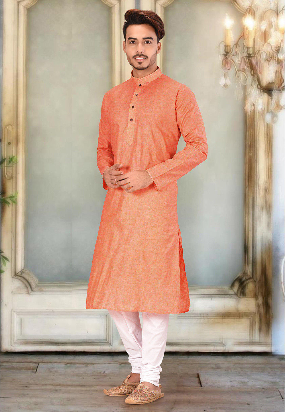 Plain Cotton Kurta Set in Peach