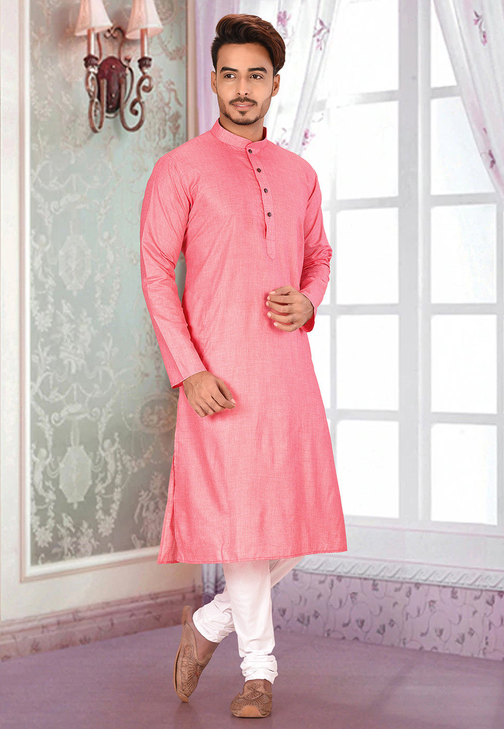 Plain Cotton Kurta Set in Pink MPC1010