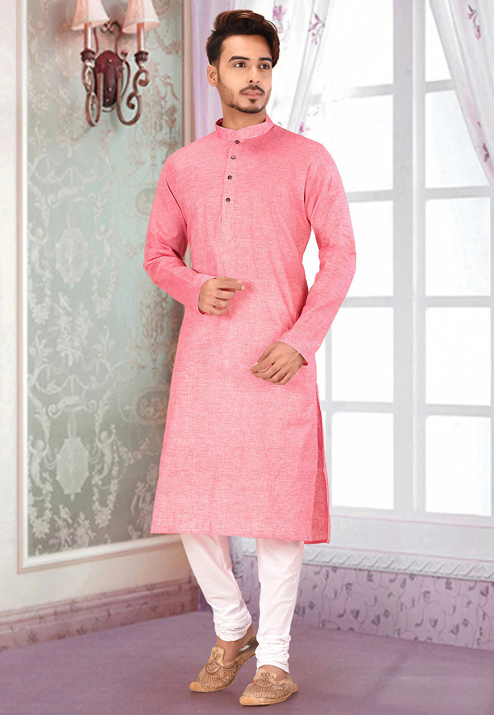 Plain Cotton Kurta Set in Pink : MPC1037