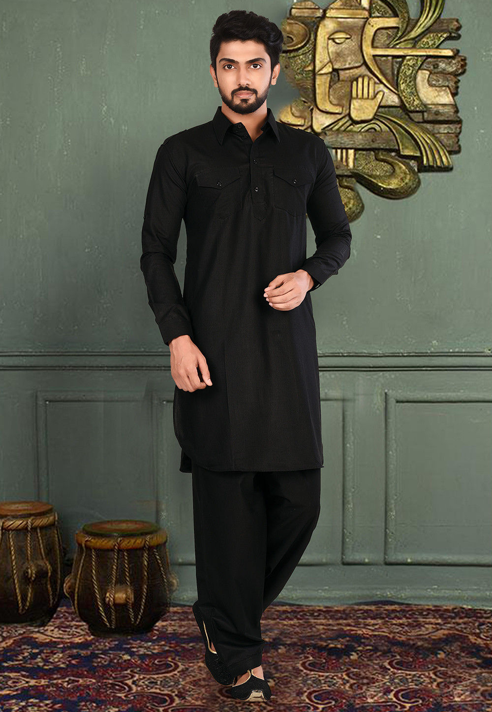 Solid Color Cotton Pathani Suit in Black : MBS11