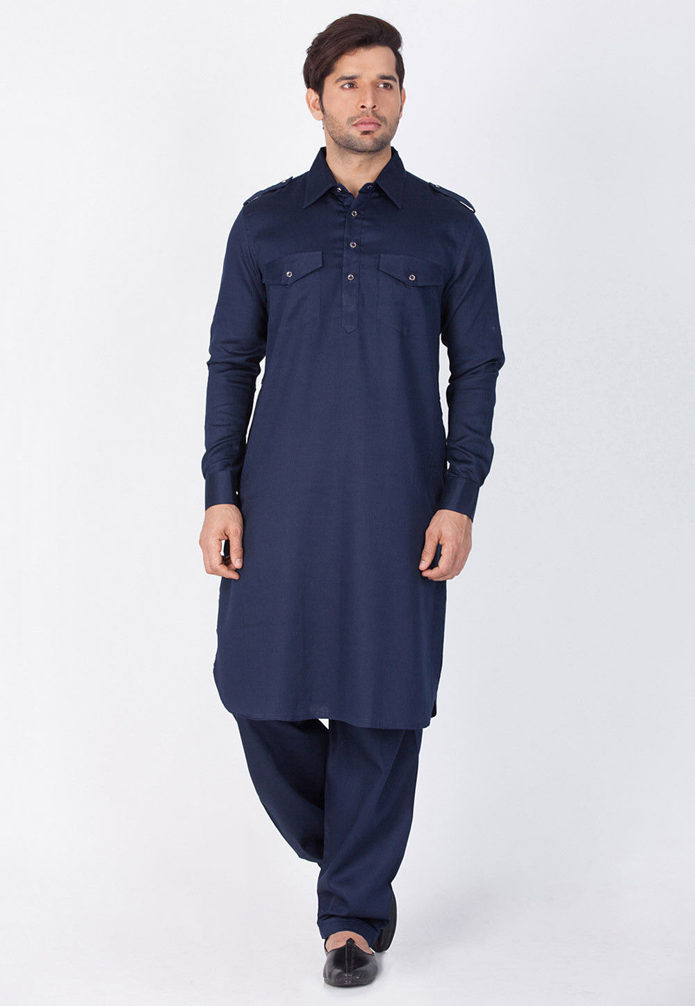 Traditional Men's Wear Navy Blue Cotton Blend Pathani Kurta Salwar Set 