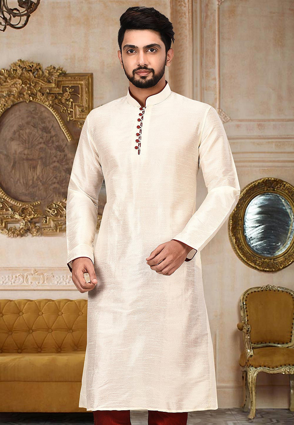 Zari Buti Spun Dupion Viscose Silk Plain Men Kurta 10