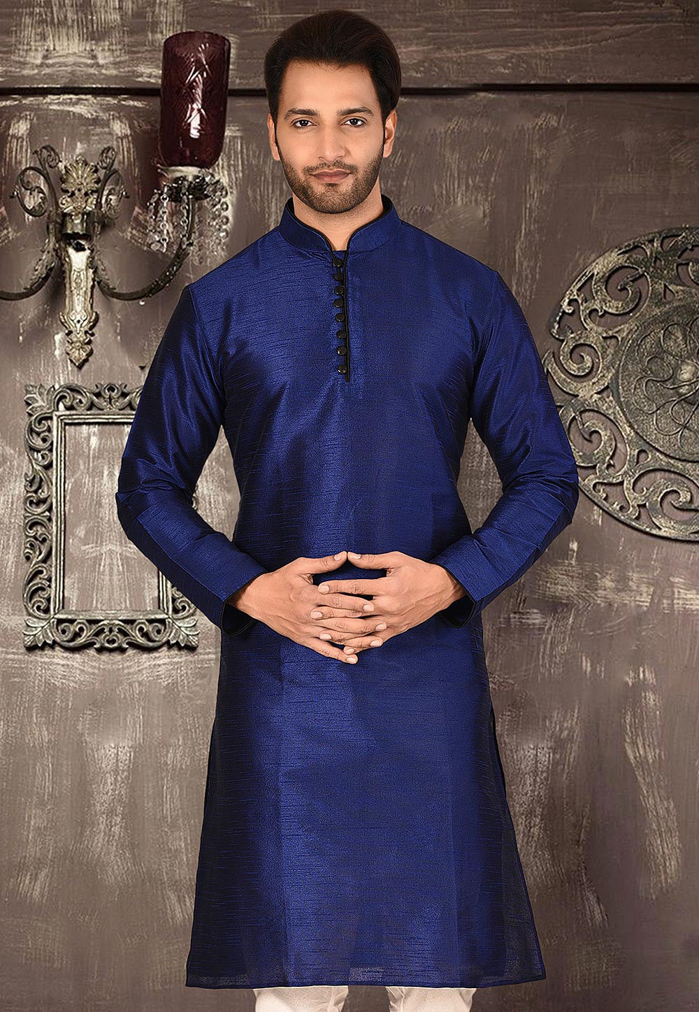 Buy Plain Dupion Silk Kurta in Royal Blue Online MLC567 Utsav Fashion