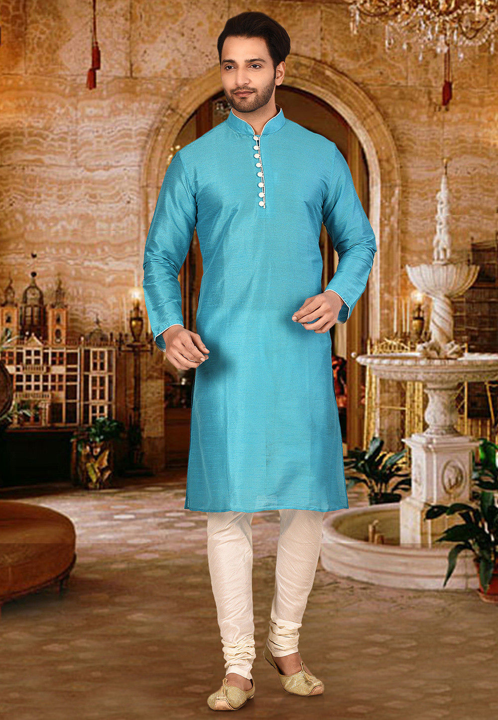 Plain Dupion Silk Kurta in Sky Blue 