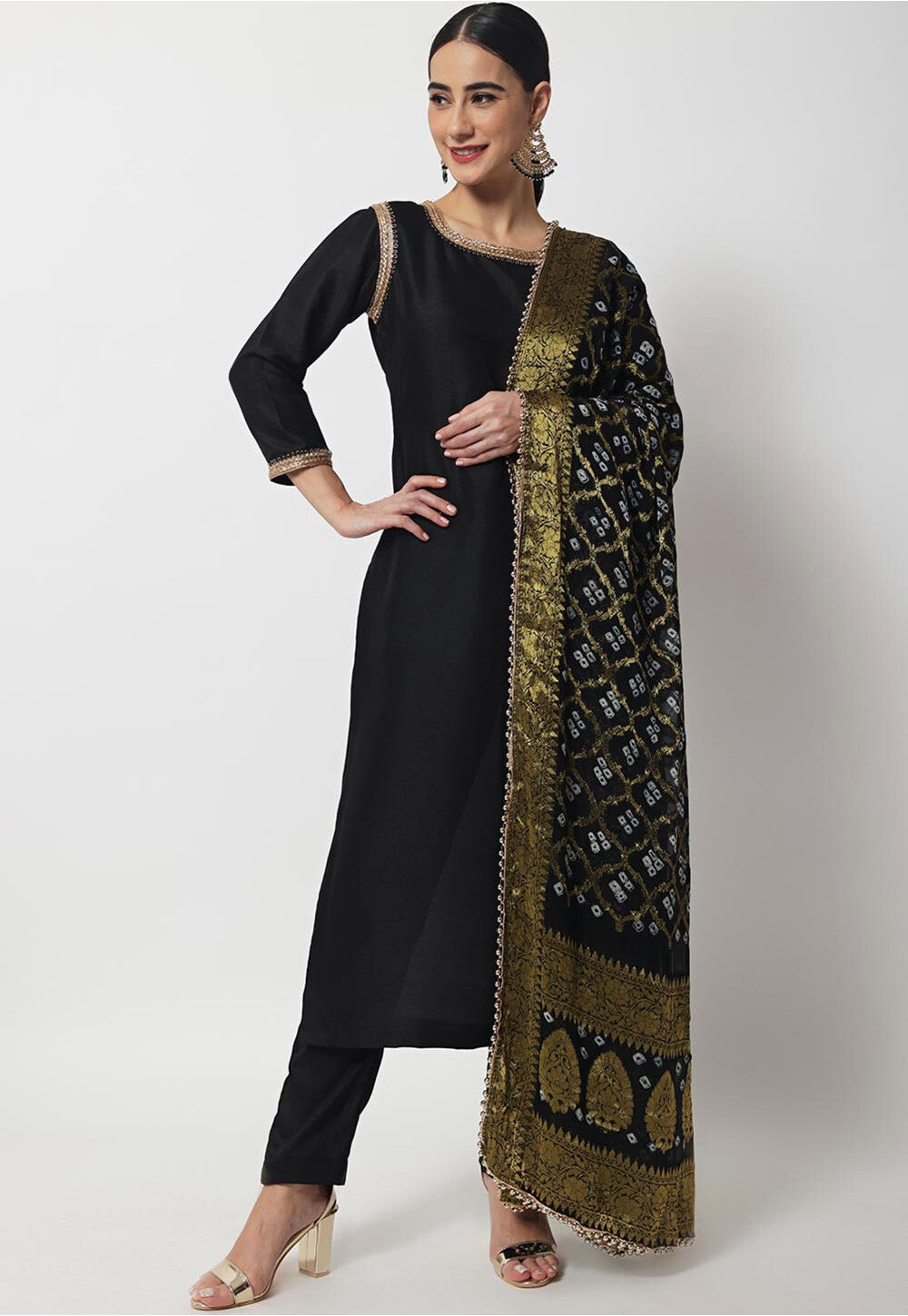 Plain Dupion Silk Pakistani Suit in Black : KNV390