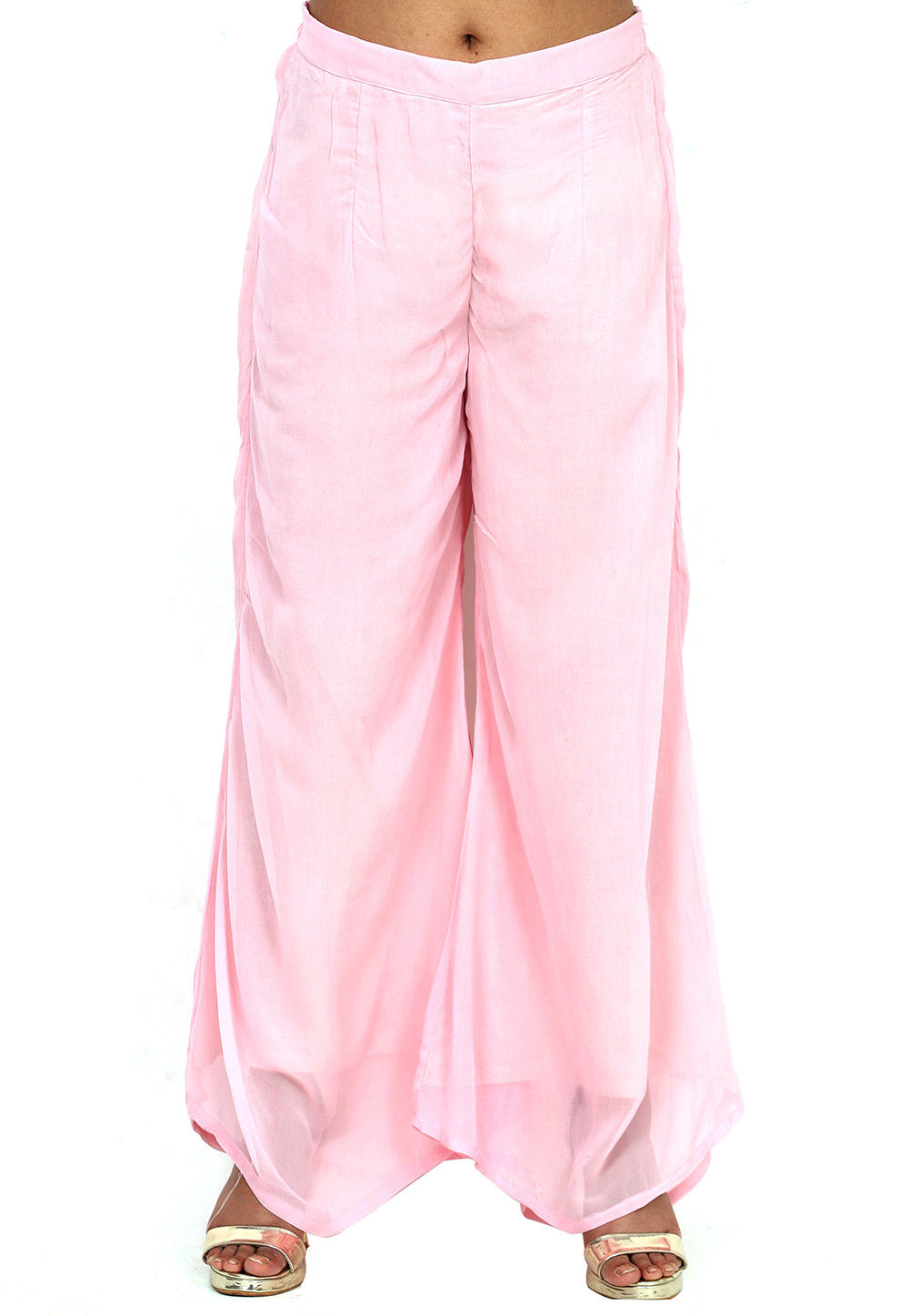 Women Solid Baby Pink Mid Rise Ribbed Palazzos