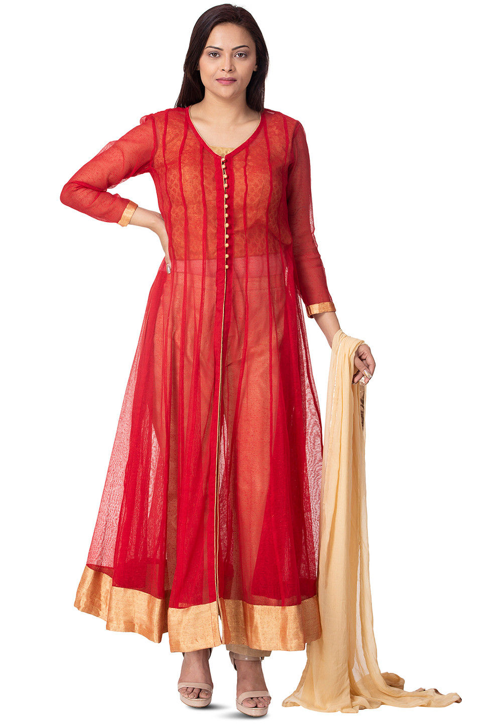 Plain Net Anarkali Suit in Red KJN3316