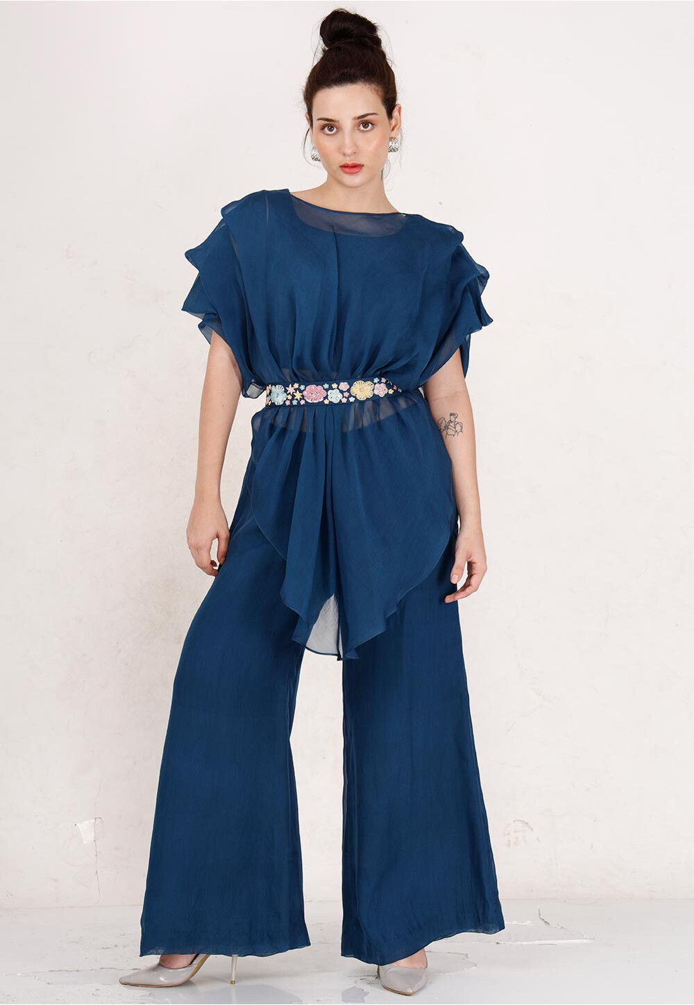Plain Organza Co-Ord Set with Embroidered Belt in Teal Blue : TFQ72