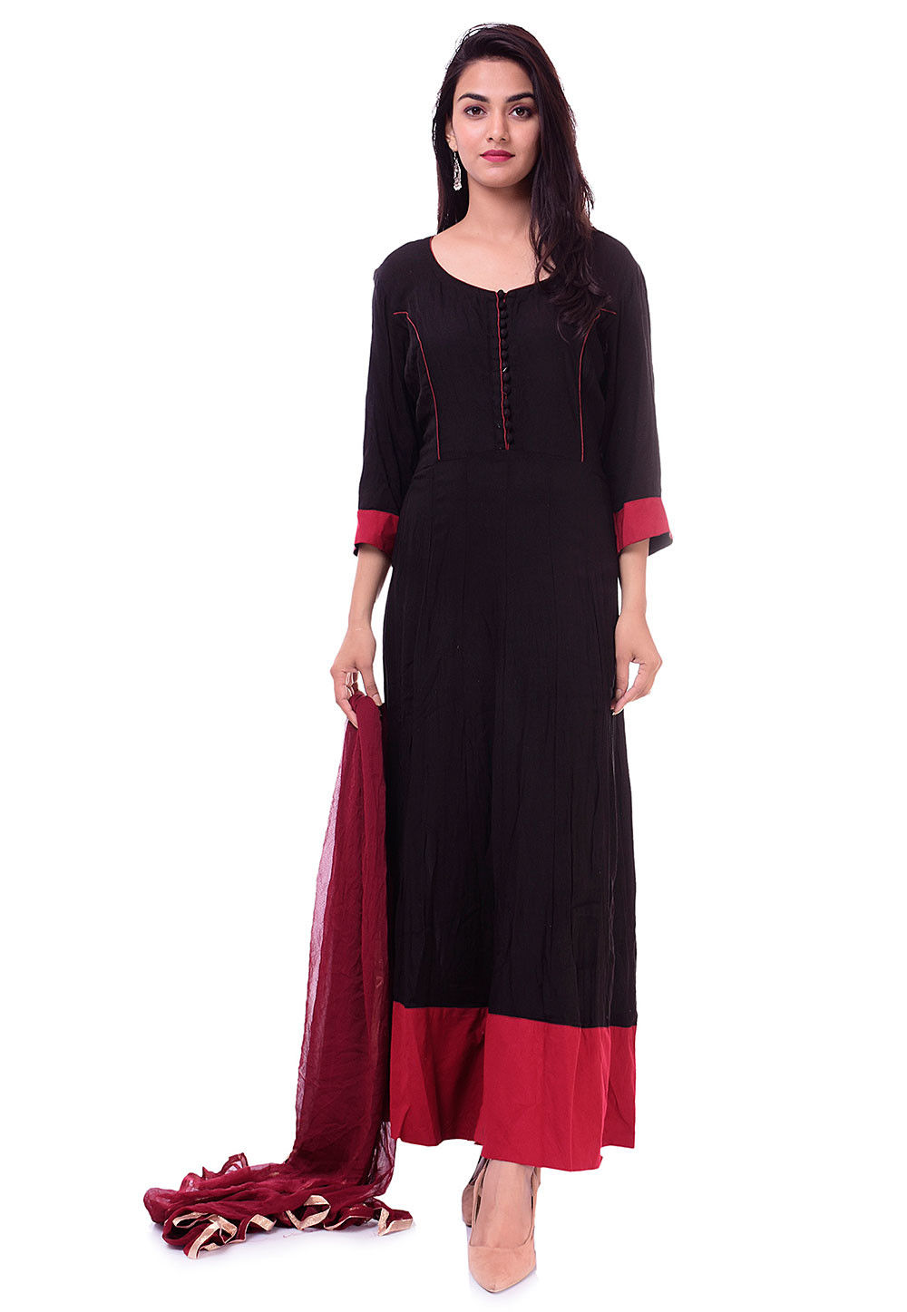 Plain Rayon Abaya Style Suit in Black : KJN3456
