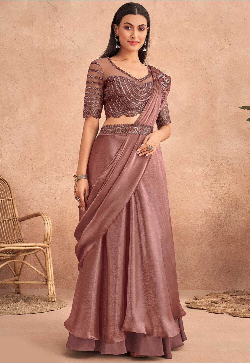 Pre Stitched Satin Georgette Lehenga Style Saree in Old Rose : SKGA1541
