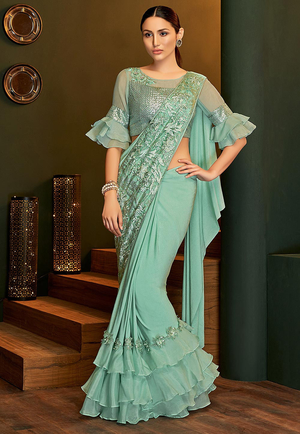 Pre-stitched Ruffled Lycra Saree in Sea Green : SWS6157