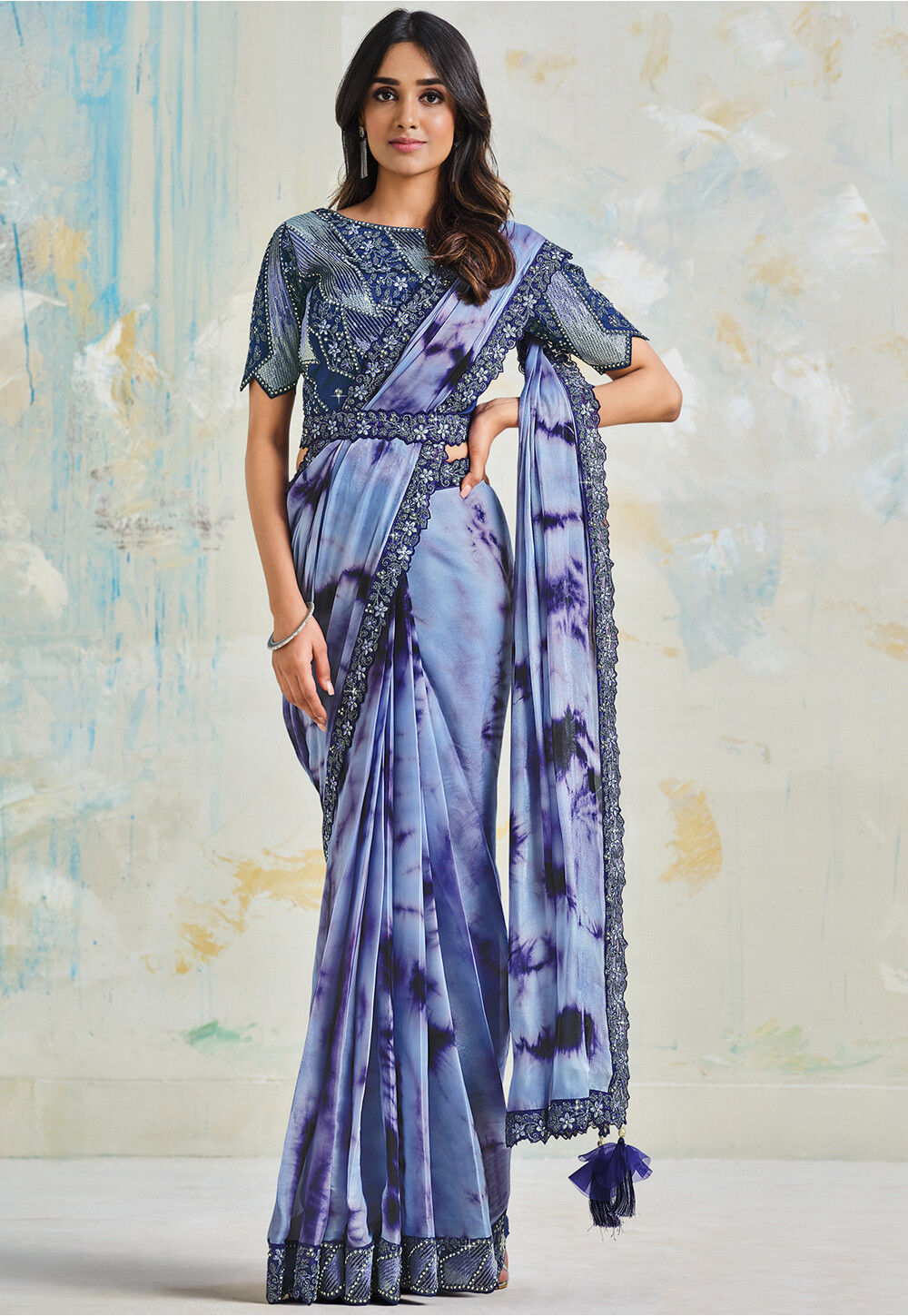 Pre-Stitched Satin Saree in Blue : SWS6768