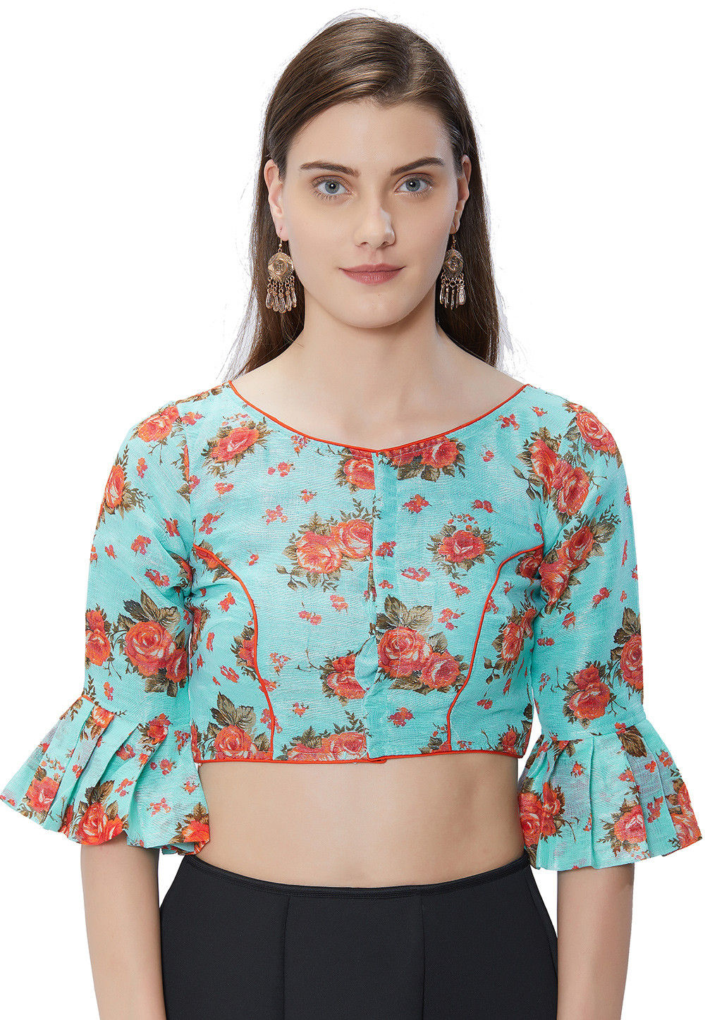 Printed Art Silk Blouse in Turquoise : UQX198
