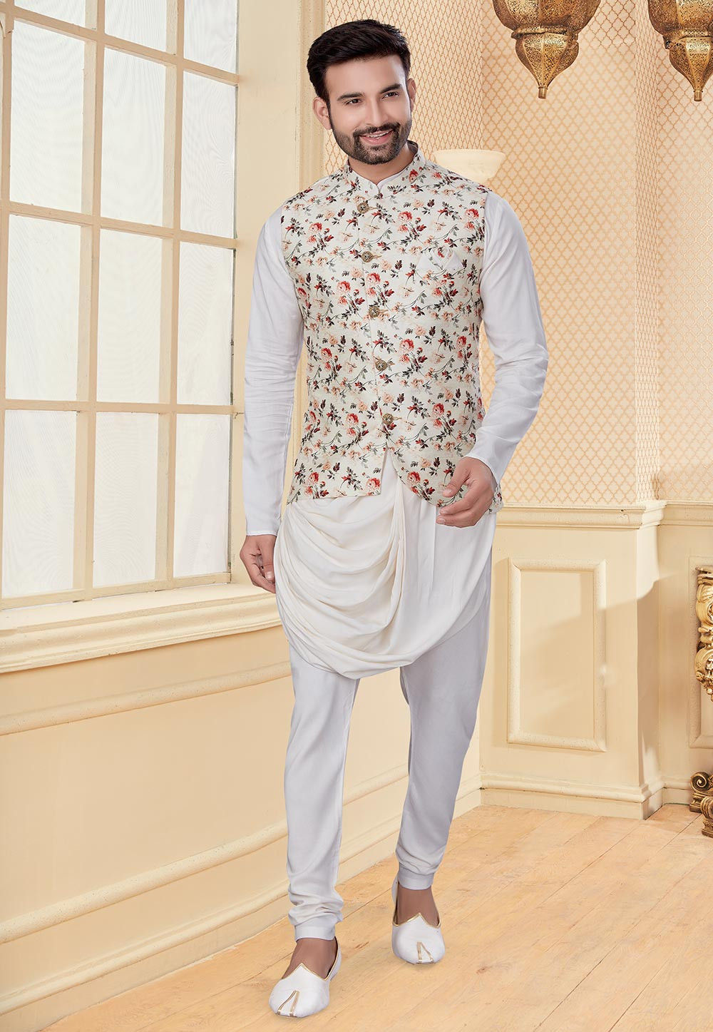 Off White Kurta Churidar With Floral Printed Jacket Latest 412MW01