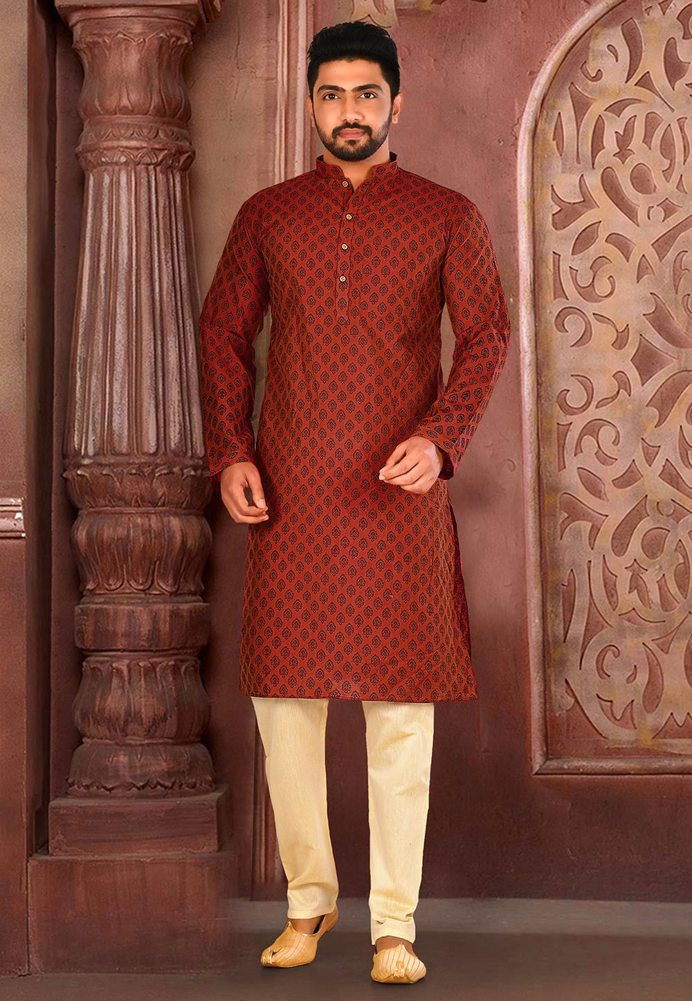 Printed Art Silk Kurta Pajama in Rust MNT30