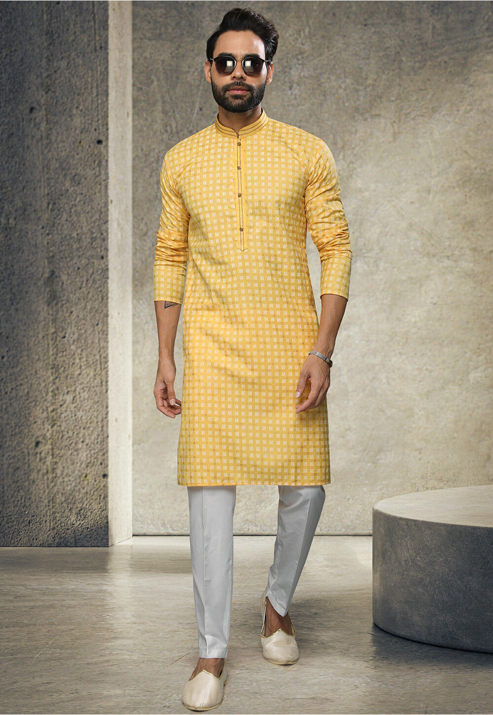 Buy Printed Art Silk Kurta Set in Yellow Online MLY567 Utsav Fashion
