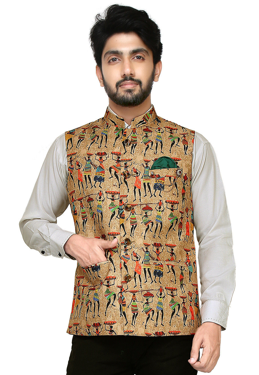 Patola Printed Art Silk Nehru Jacket in Sea Green : MTE1015