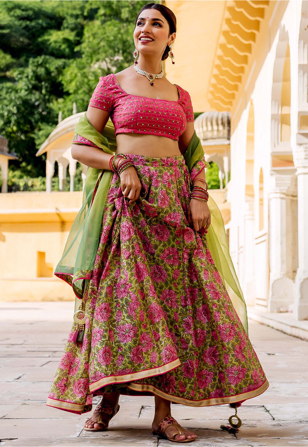 Embroidered Net Lehenga in Green Ombre