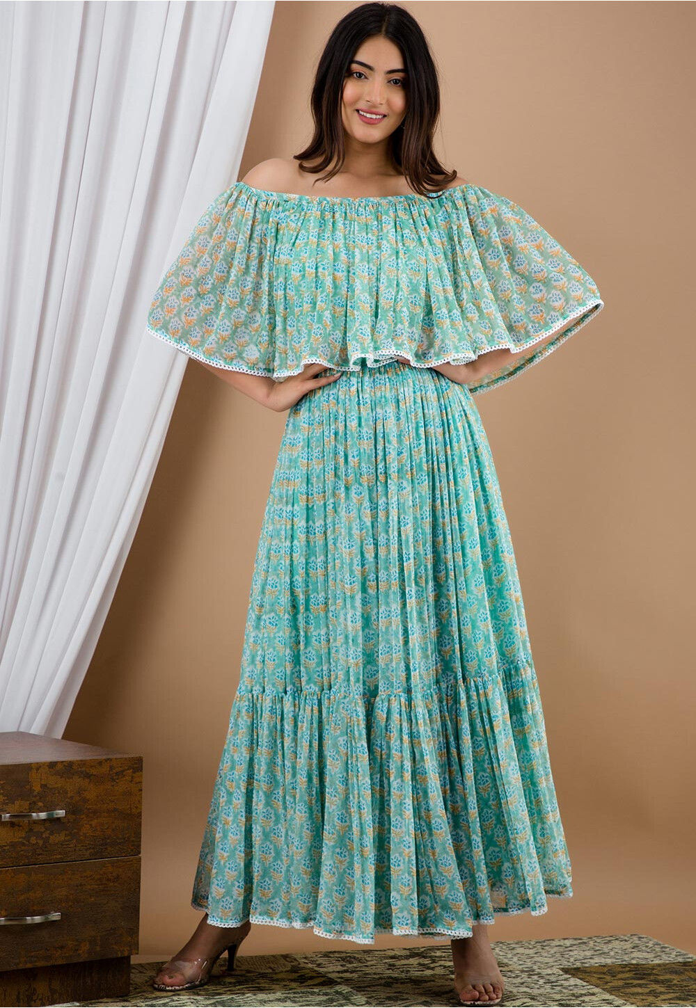 Printed Chiffon Maxi Dress in Sea Green : TBA56