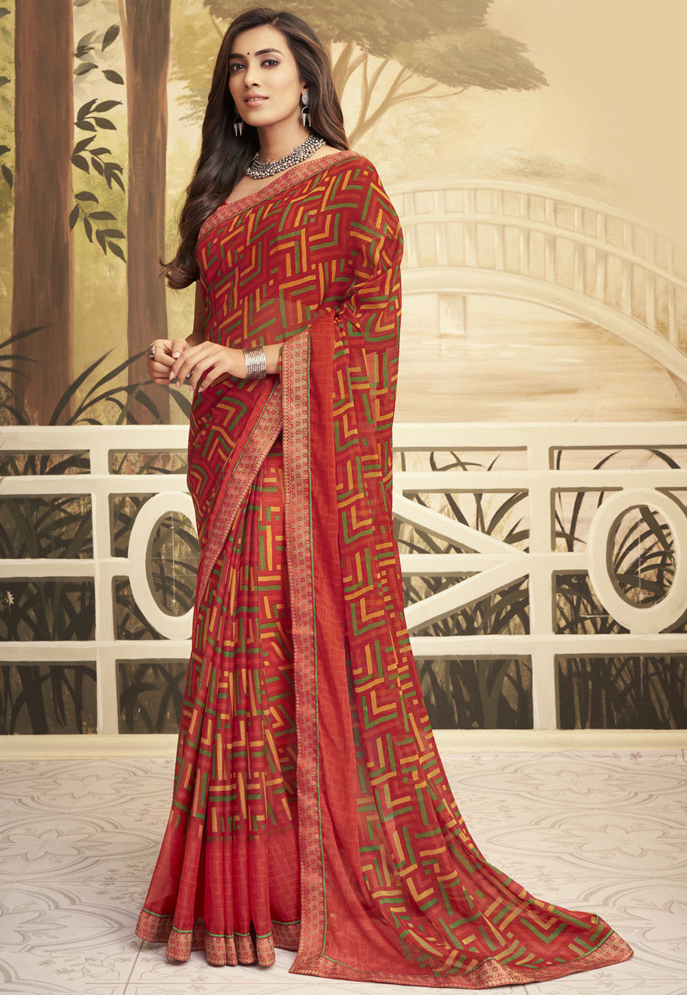 Vishal Prints Red Chiffon Saree With Diamond Work And Fancy Zari Borde