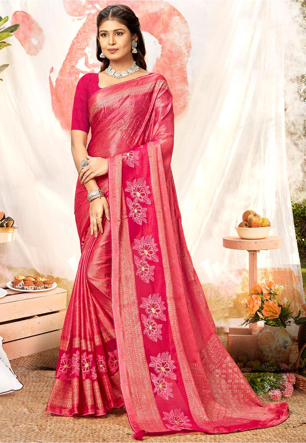 Chiffon Shimmer Saree with Beautiful embroidery work blouse & with