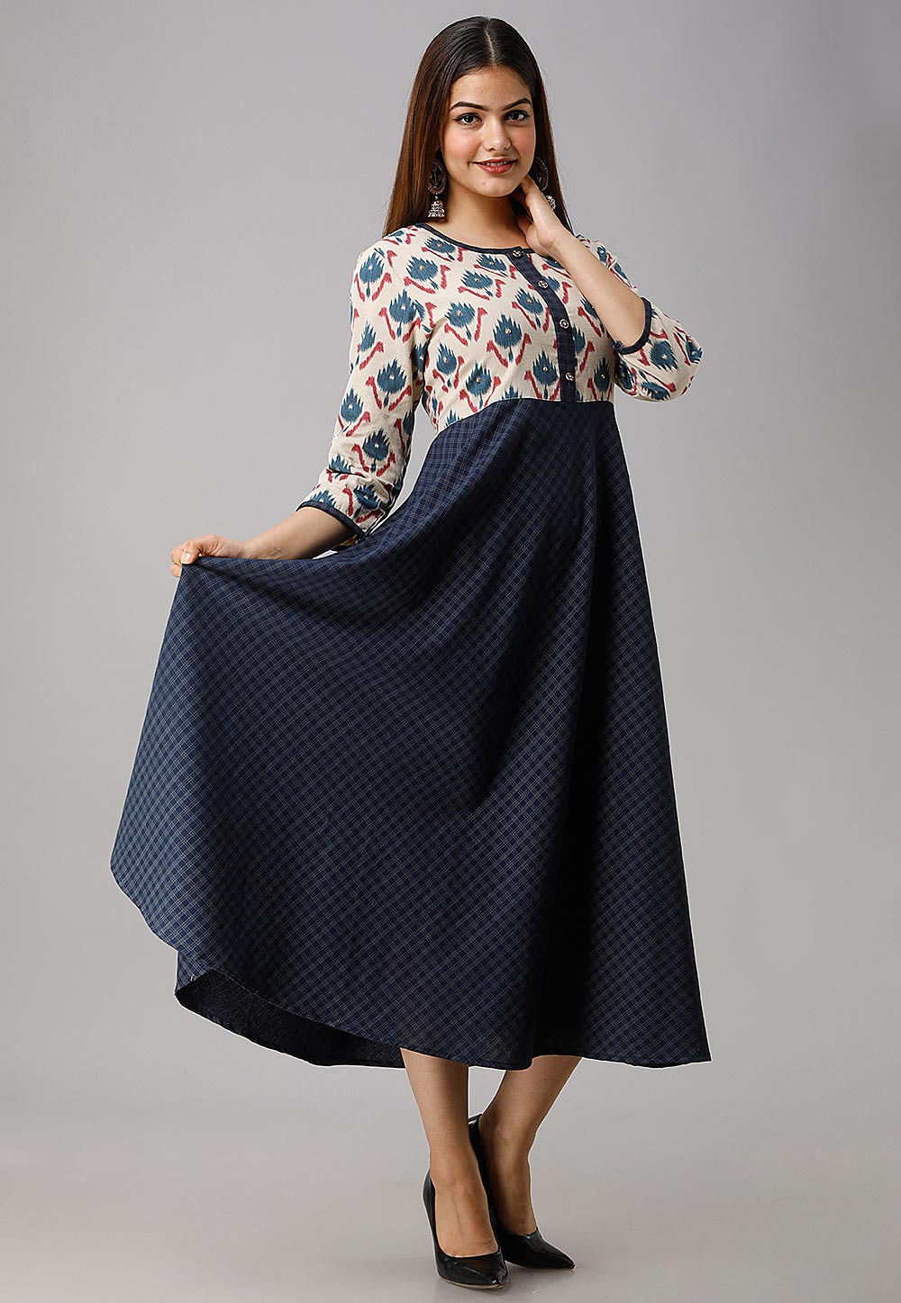 Women Blue Half Sleeve Cotton A-Line Kurta