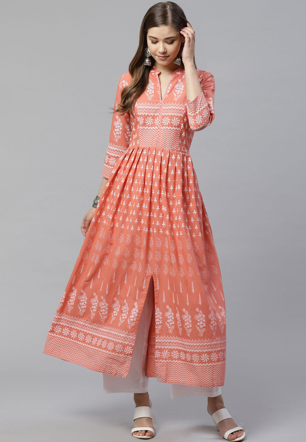 Peach Mist Floral COTTON A-Line Kurta
