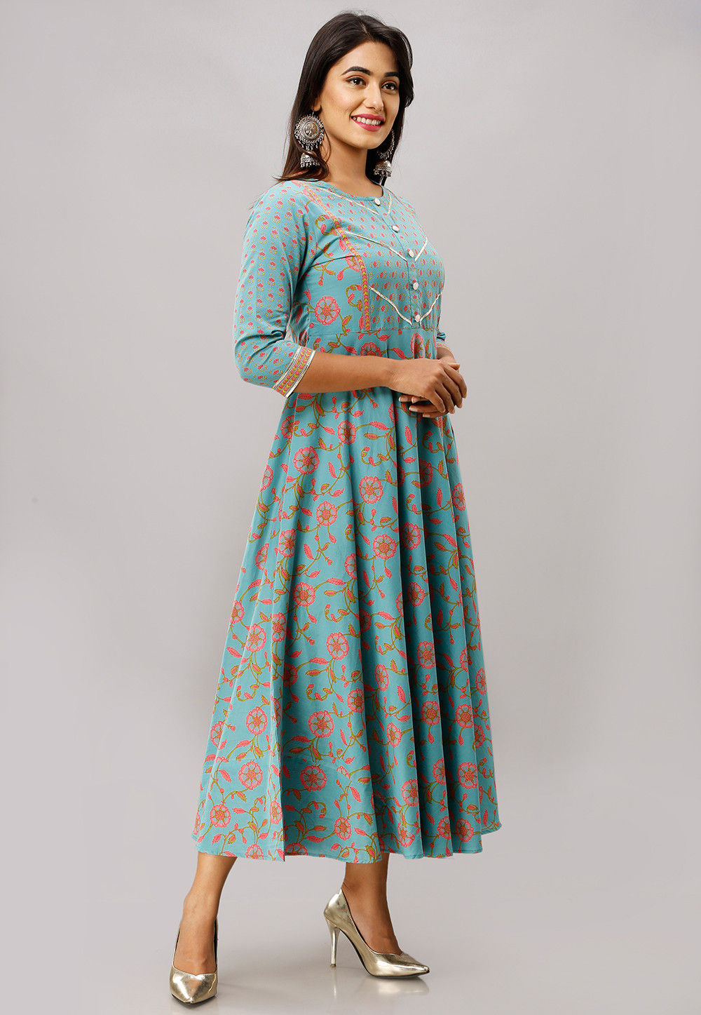 Buy Printed Cotton A Line Long Kurta in Sky Blue Online : TUH48 - Utsav ...