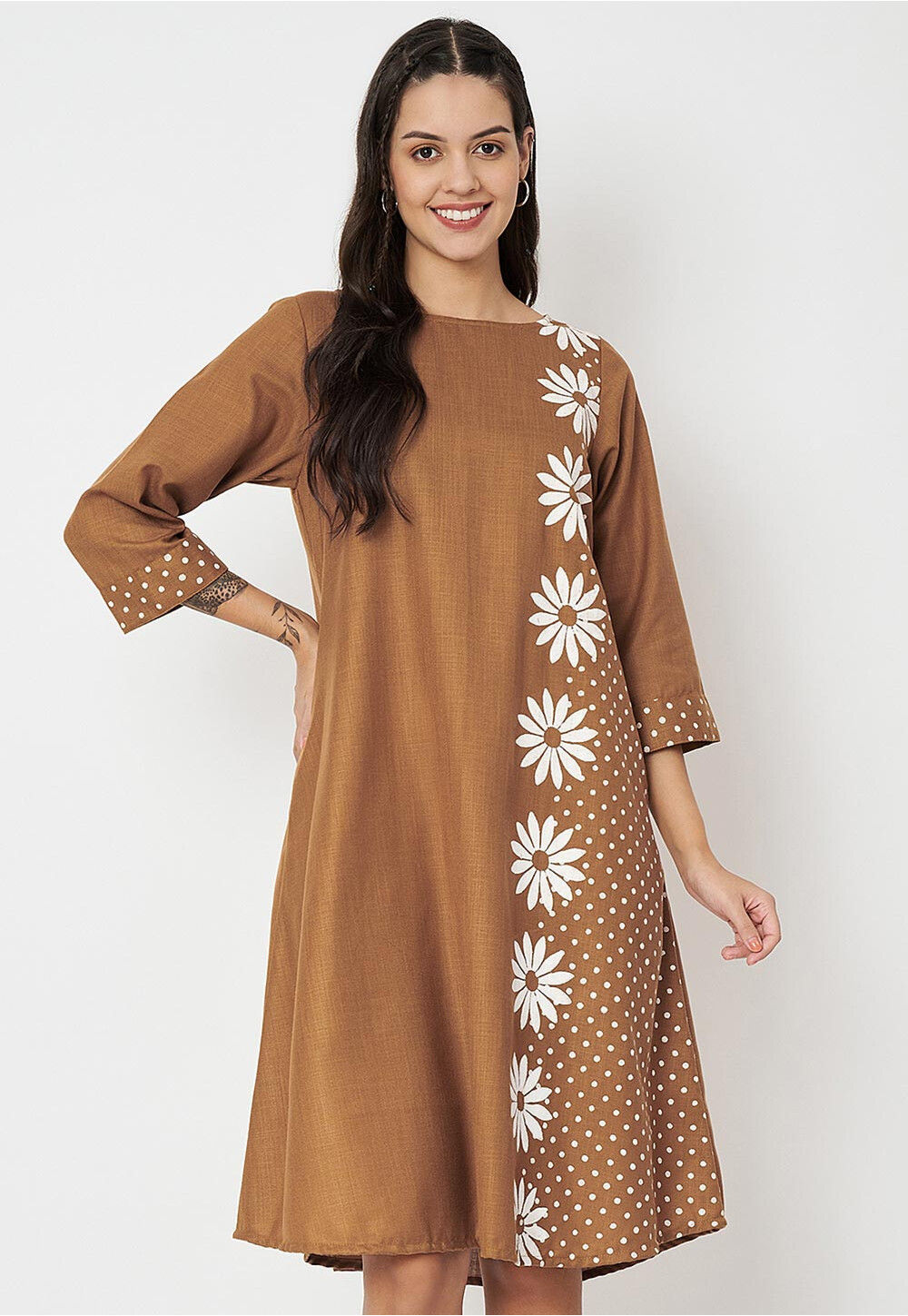 Coffee Brown Printed 3/4 Sleeve Cotton A-Line Kurta main image 0