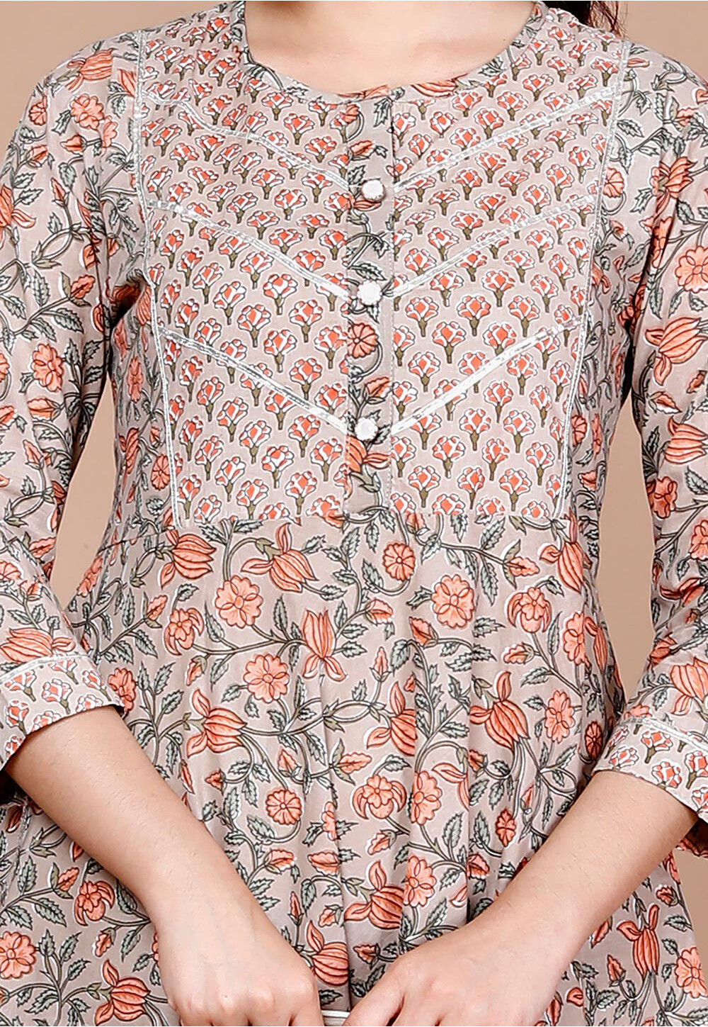 Brown Printed Cotton A-Line Kurta With Trousers