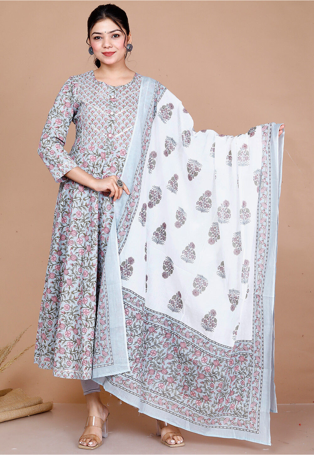 Blue Printed Cotton Anarkali Suit Set