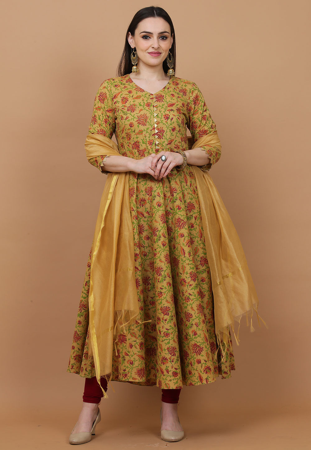 Brown Embroidered Cotton Anarkali Kurti with Bottom and Scalloped