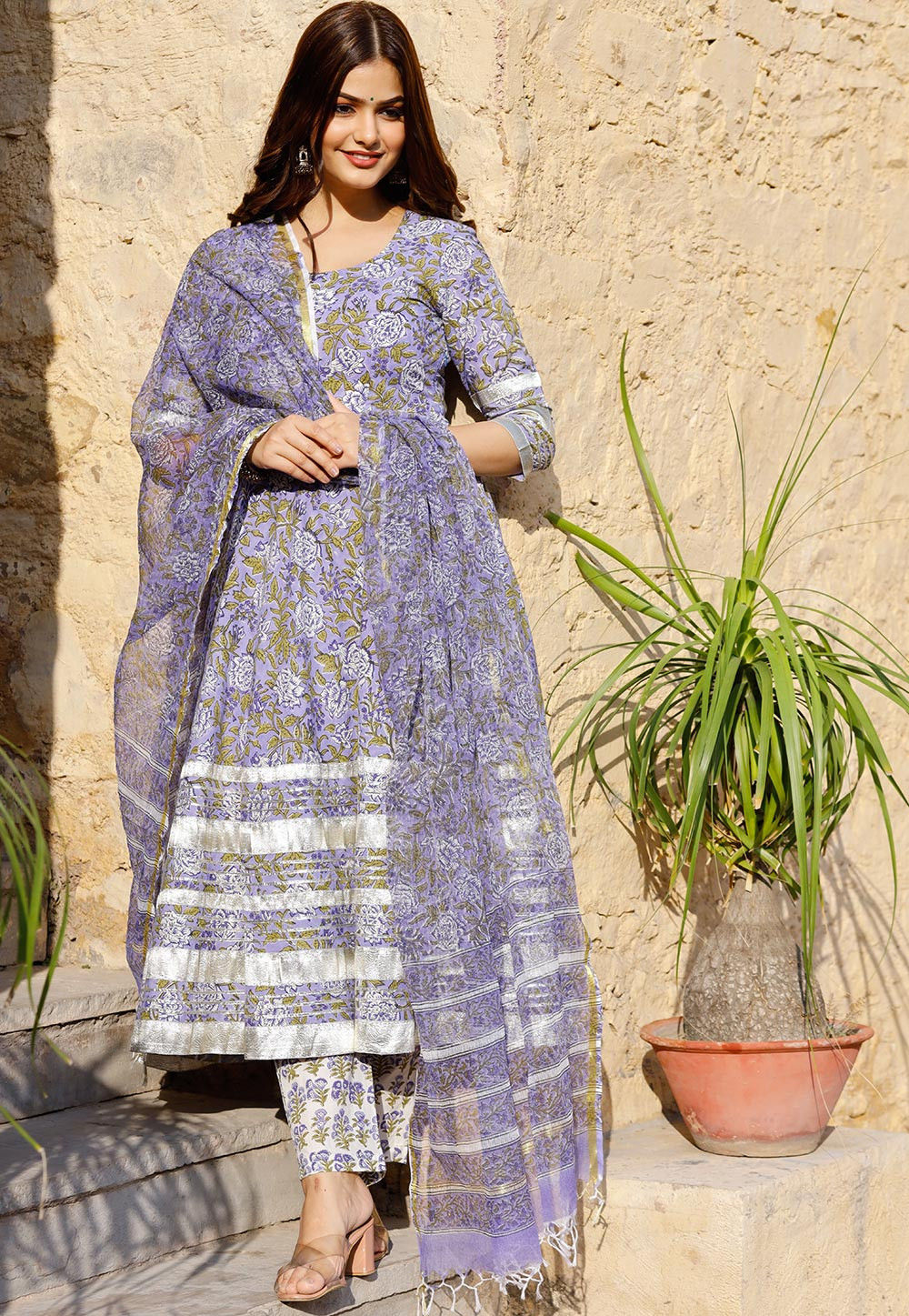 Printed Cotton Anarkali Suit in Light ...