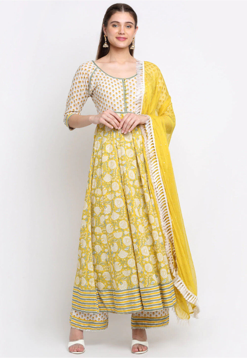 Classic Yellow Color Embroidery And Sequins Work Anarkali Suit-nttc.com.vn