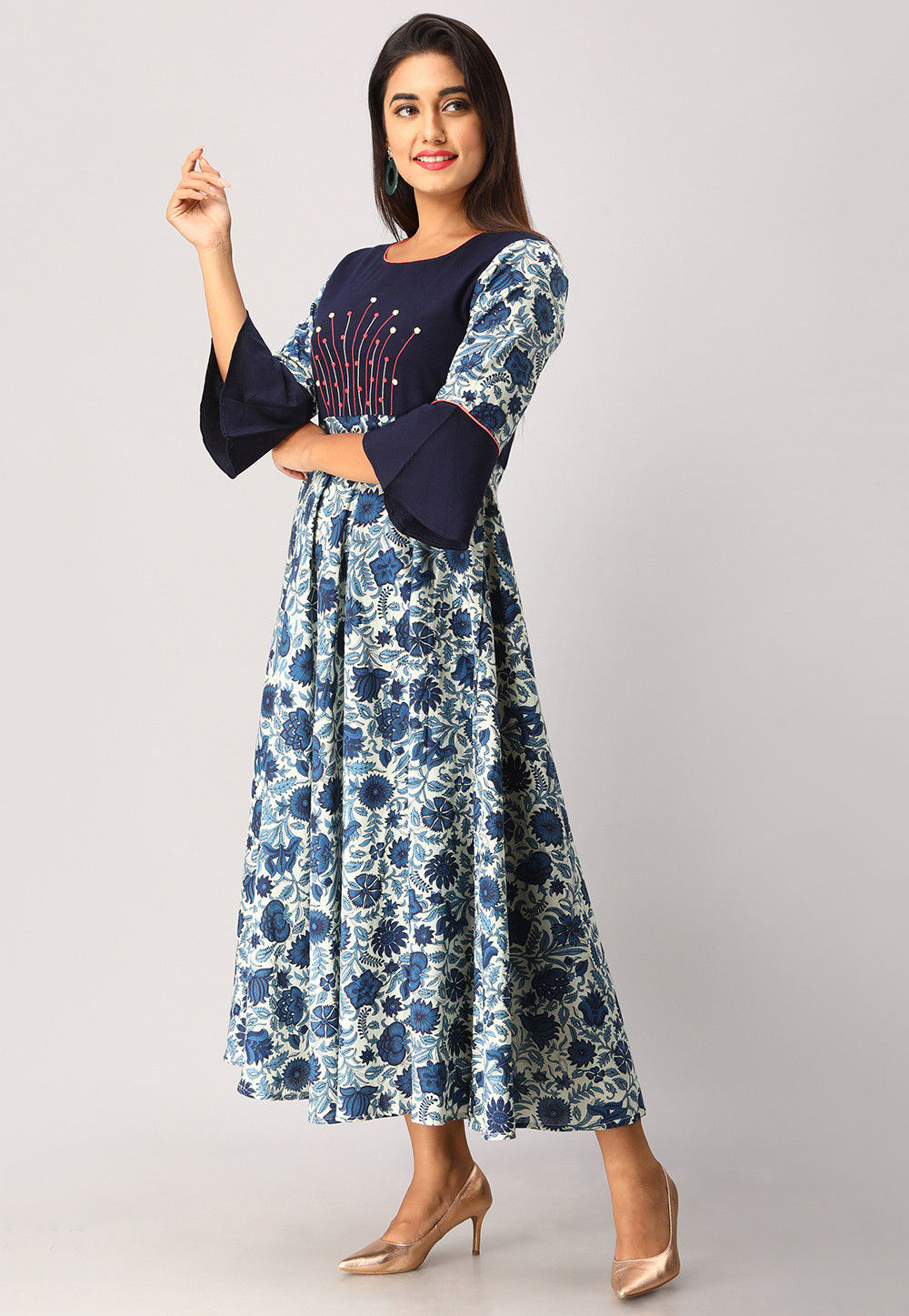 Printed Cotton Flex A Line Flared Kurta in Blue and Off White : TUH36