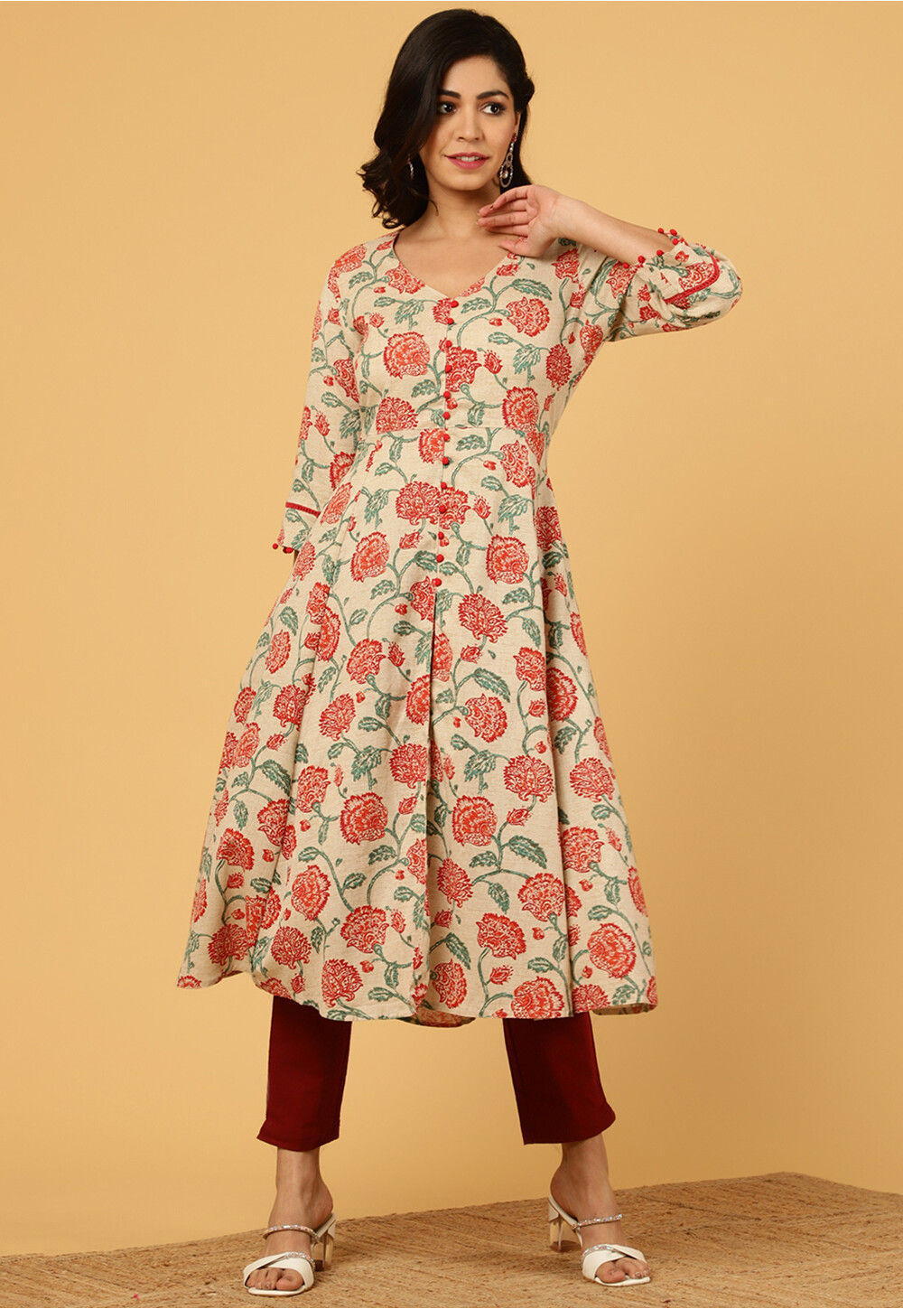 Beige Printed 3/4Th Sleeve Cotton A-Line Kurta