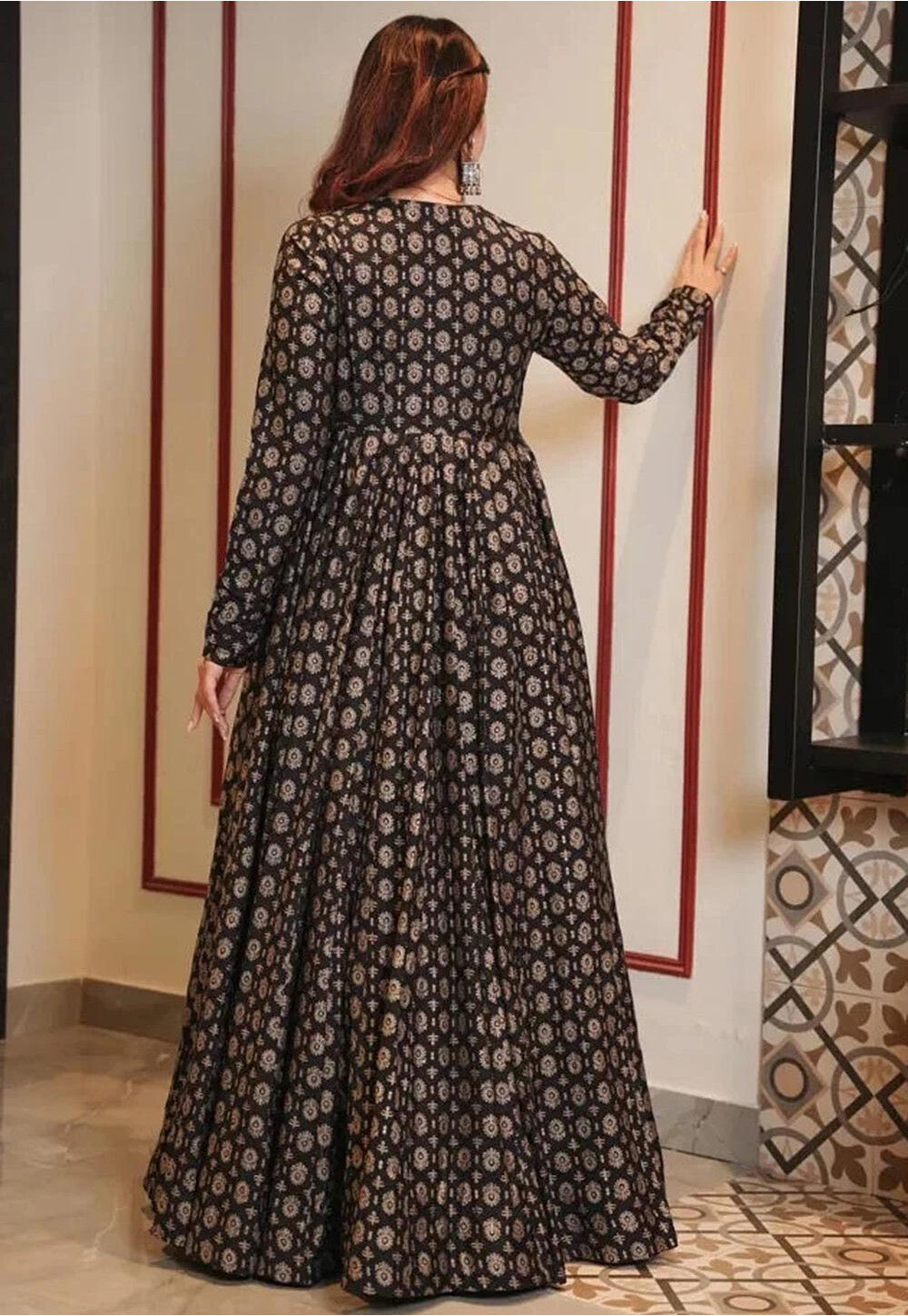 Buy Printed Cotton Gown in Black Online TQH25 Utsav Fashion