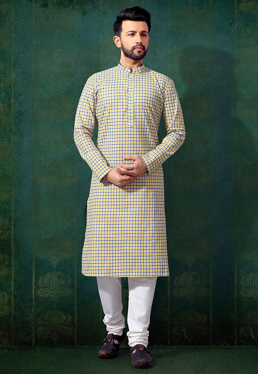 Printed Cotton Kurta in Light Yellow MMS1176